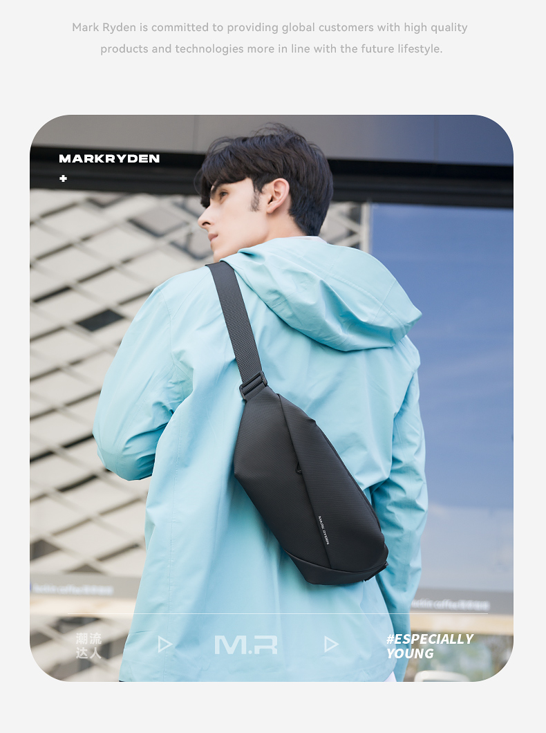 MARK RYDEN Men's Single Shoulder Bag, Motorcycle Crossbody Backpack, Sports Trendy Chest Bag, Cycling Waist Pack, Phone Bag MR5860 Elegant Black 2