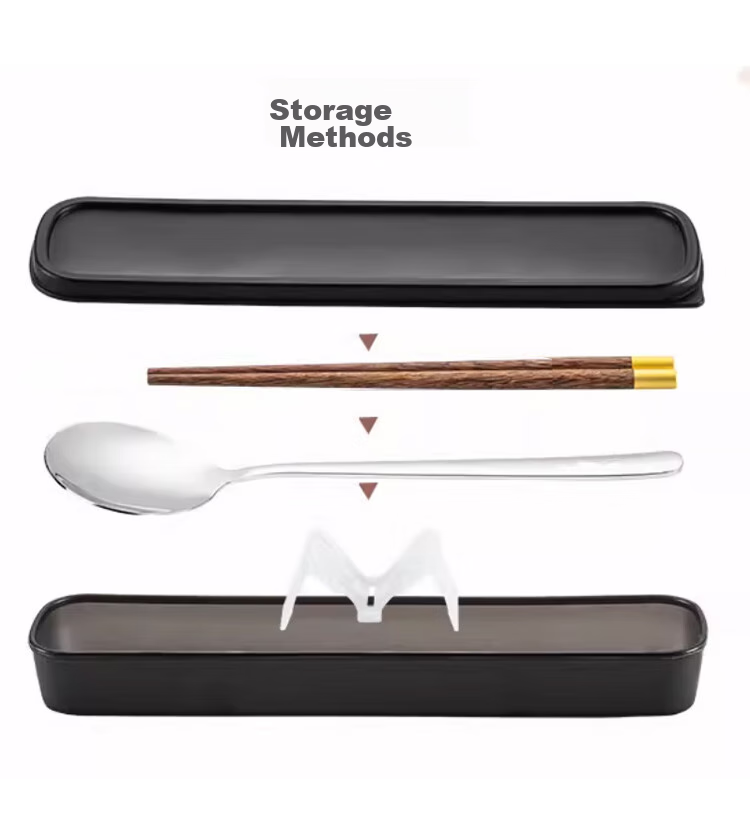 Shihua 316L Stainless Steel Spoon And Wooden Chopsticks Set, Chicken Wing Wood Portable Chopsticks And Spoon Three-Piece Set 10