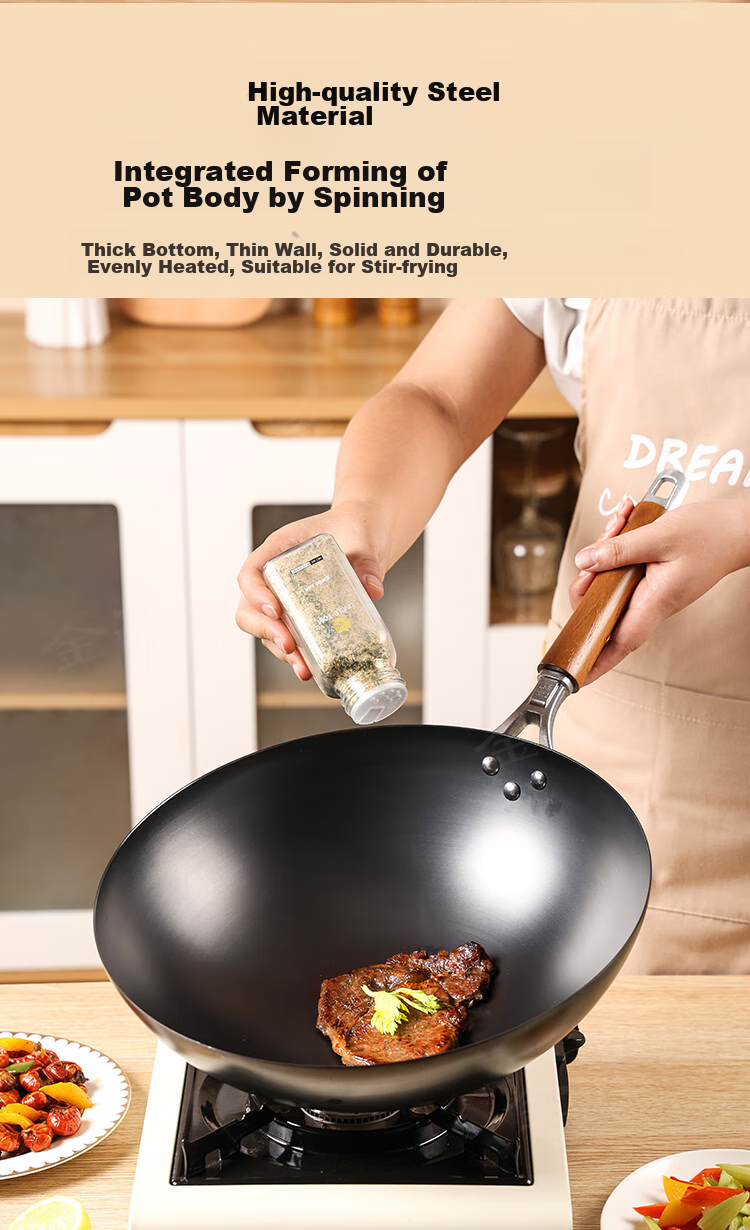 Jincun Wok Iron Pan Lightweight Stir-Fry Pan Non-Coated Rust-Resistant Round Bottom Pure Iron Non-Stick for Gas Stove 34cm 5