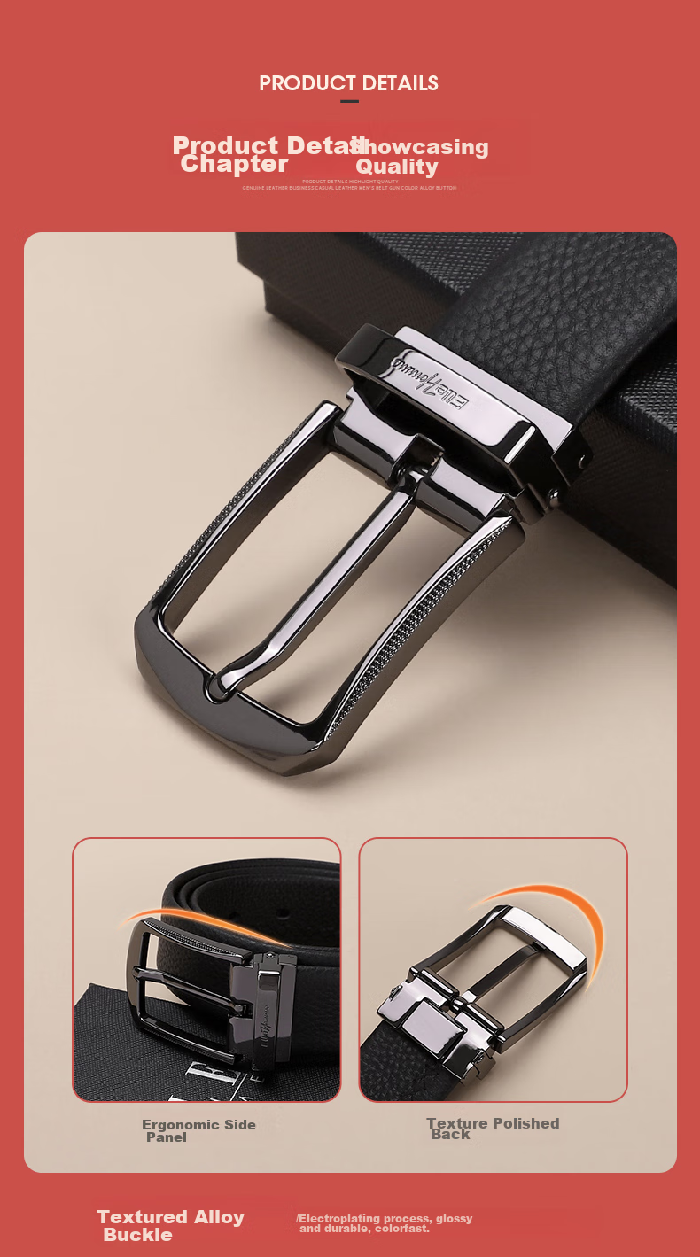 ELLE HOMME Men's Leather Belt, Fashionable Pin Buckle Waistband, Litchi Pattern Top-Grain Cowhide Casual Trouser Belt for Men, Birthday Gift for Me 4