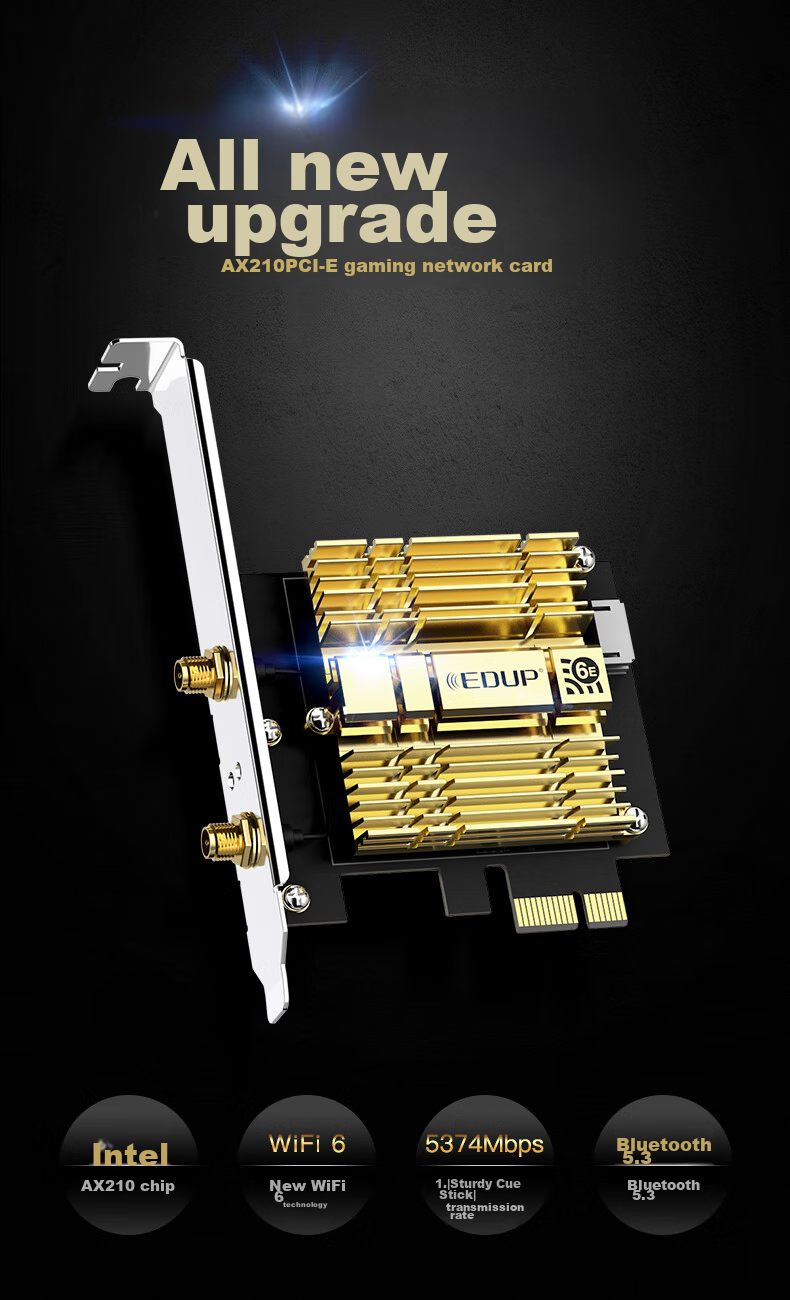 EDUP AX210 Wireless Network Adapter, WiFi 6 Dual-Band Gigabit PCI-E Wireless Network Card, Desktop-Specific 5374M Bluetooth 5.3 Two-In Wireless WiFi Receiver AX210GS 1