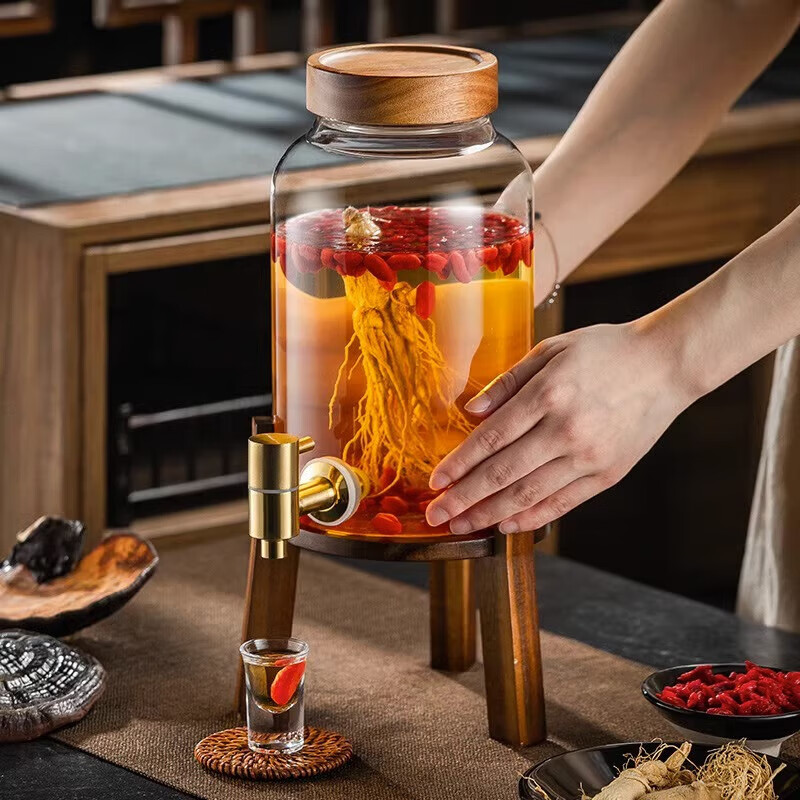 CRISTALGLASS Glass Infusion Bottle with Tap Base, Sealed Container for Home Use, Plum And Ginseng Medicinal Wine Infusion Jar, 3L