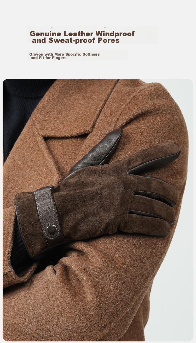 JIUMU Sheepskin Anti-Fur Warm Genuine Leather Gloves for Men, Winter Fleece-Lined Windproof Cold-Resistant Gloves 7