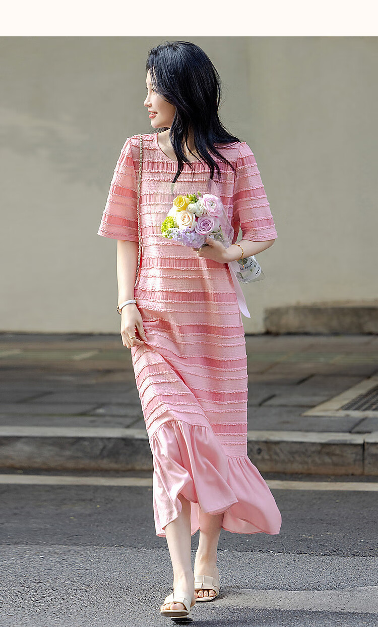 Dme [Half-Ripe Lovers] Spring And Summer Round Neck Textured Lazy Striped Sweet Age-Reducing Knitted Dress, Mid-Length for Wome 11