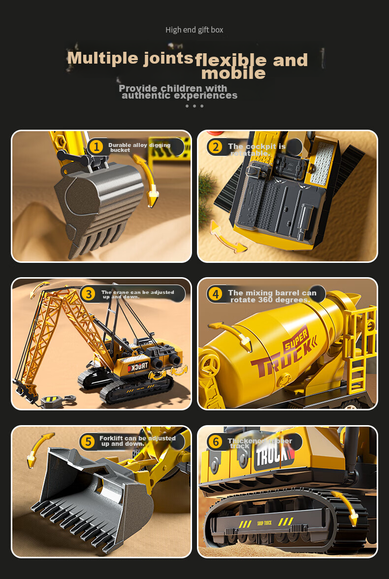 Kakabeier 7-Pack Storage Buckets Children's Toy Alloy Engineering Vehicles Excavator Crane for Boys Ages 3-6 Children's Day Gift 4