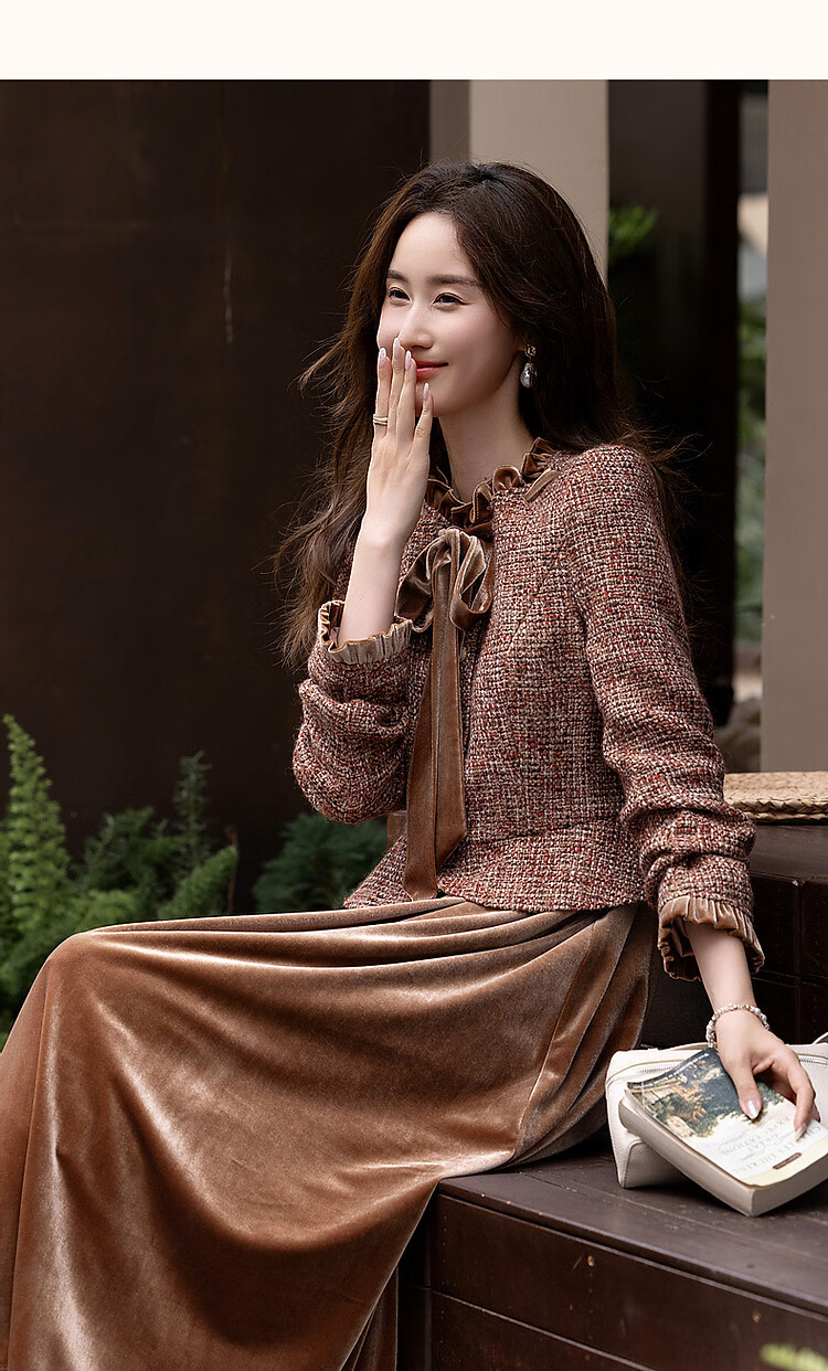 DME Winter Elegant Little Chanel Style Wool Blend Faux Two-Piece Ribbon Collar Ruffle Edge Dress Brown Red XL 9