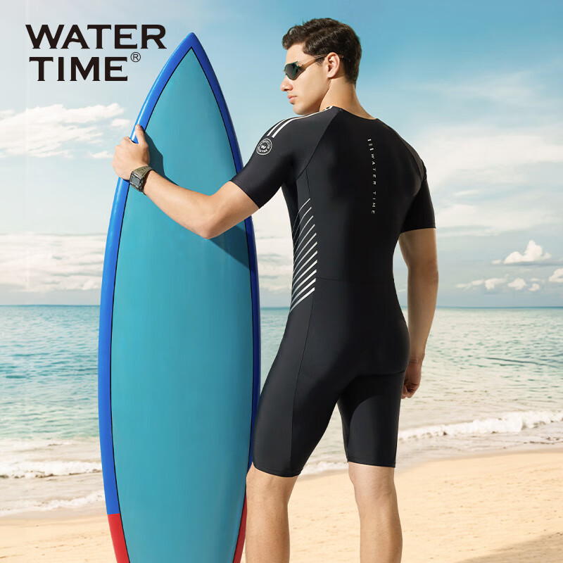 WATERTIME / Shuichuan Men's One-Piece Swimsuit with Short Sleeves, Knee-Length Diving Suit, Swimming Trunks, Black And Silver, Size M
