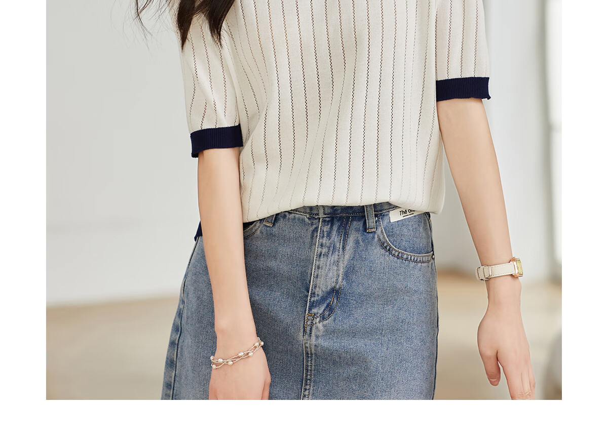 Taxiang Women's Short-Sleeve T-Shirt, Doll Collar Thin Knit Top, Summer Women's T-Shirt, Contrasting Color Top, T144T1629 5