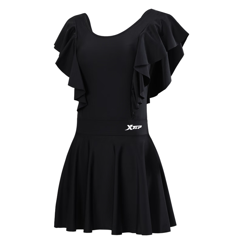 XTEP Women's Swimsuit, Elegant Tummy Control Slimming One-Piece Dress Swimwear, Beach Hot Spring Swimwear, Black, L