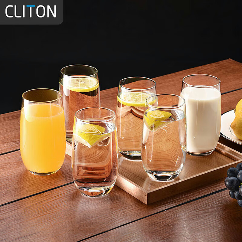 CLITON Glass Water Cups, Home Tea Cups, Milk Cups, Juice And Beverage Cups, Office Water Cup Set, 375ml, Set of 6