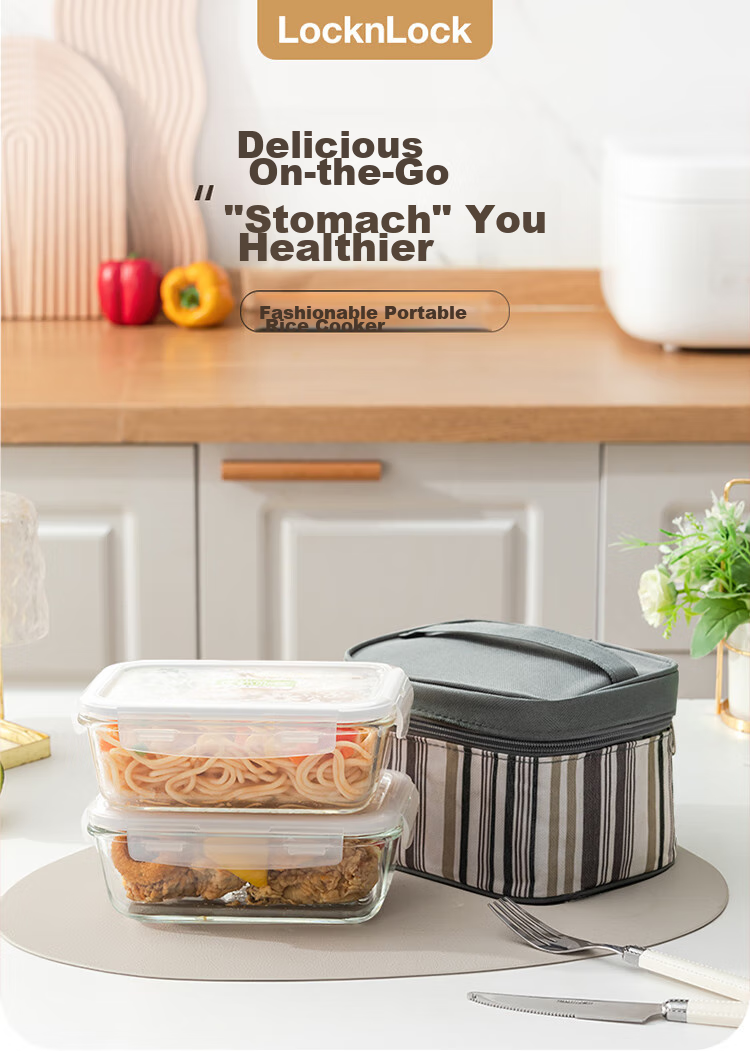 LOCK&LOCK Insulated Glass Food Storage Container Set with Dividers, Lunch Box 600ml + 500ml with Lunch Bag 1