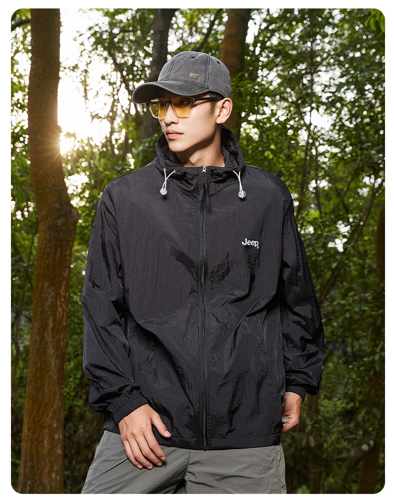 JEEP Sun Protection Jacket, Summer Breathable, for Men And Women Couples, Ice Silk Outdoor Sports Skin Coat, Pure Black, 3XL 21