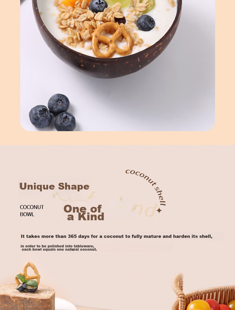 BJ Yogurt Bowl with Spoon, Wooden Dessert Fruit Salad Bowl for Home Breakfast Oatmeal, Natural Coconut Shell Bowl 9