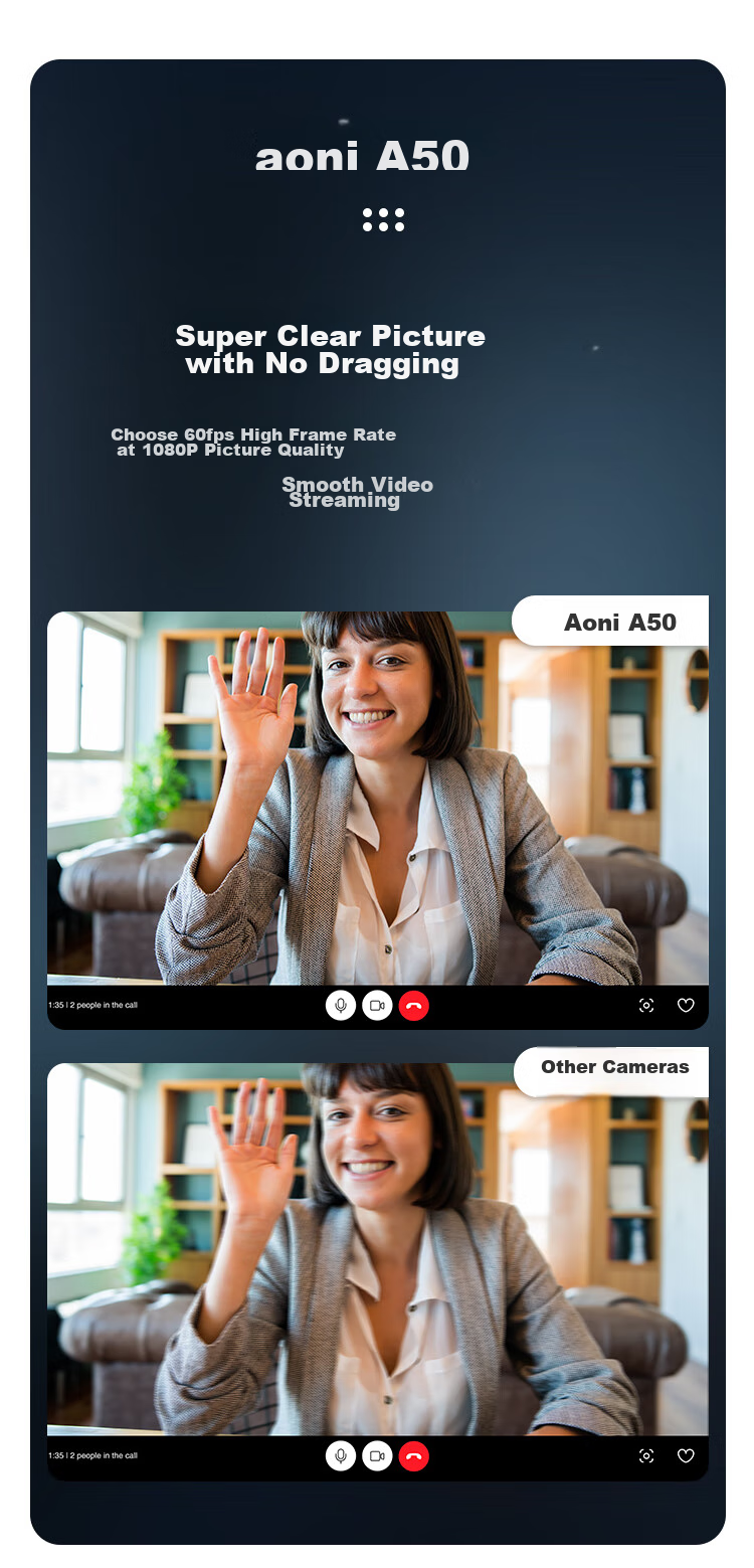 Aoni Computer Webcam, 2K Ultra HD, Auto Focus, with Microphone, for Desktop And Laptop External Use, Home Online Classes, Video Conferences, Live Streaming, Product Promotion, Plug-And A50 8