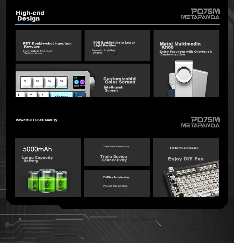 Xuanpai PD75M-V2 Custom Aluminum Mechanical Keyboard, Bluetooth Wireless Tri-Mode Gaming Keyboard, Aluminum Chitu Multimedia Color Screen with Knob, Sonyke Switches, White And Blue Keycaps 2