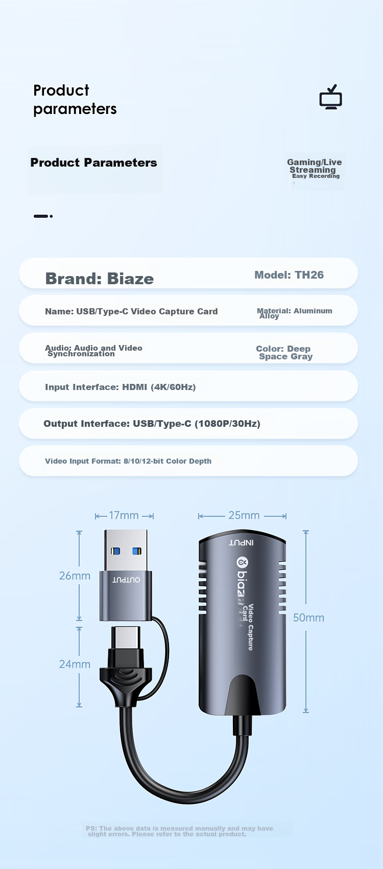 BIAZE HDMI Video Capture Card Live Streaming 4K 60HZ Frame Rate High-Definition Recording for PS5/Xbox/Switch2/iPad Camera Game Laptop Mobile Phone USB3.0 15