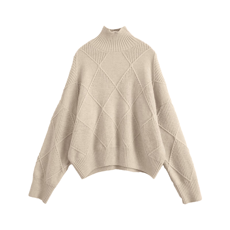 Dme [Stylish Diamond-Patterned Fabric] Winter Basic Simple Warm Turtleneck Casual Lazy Knit Sweater