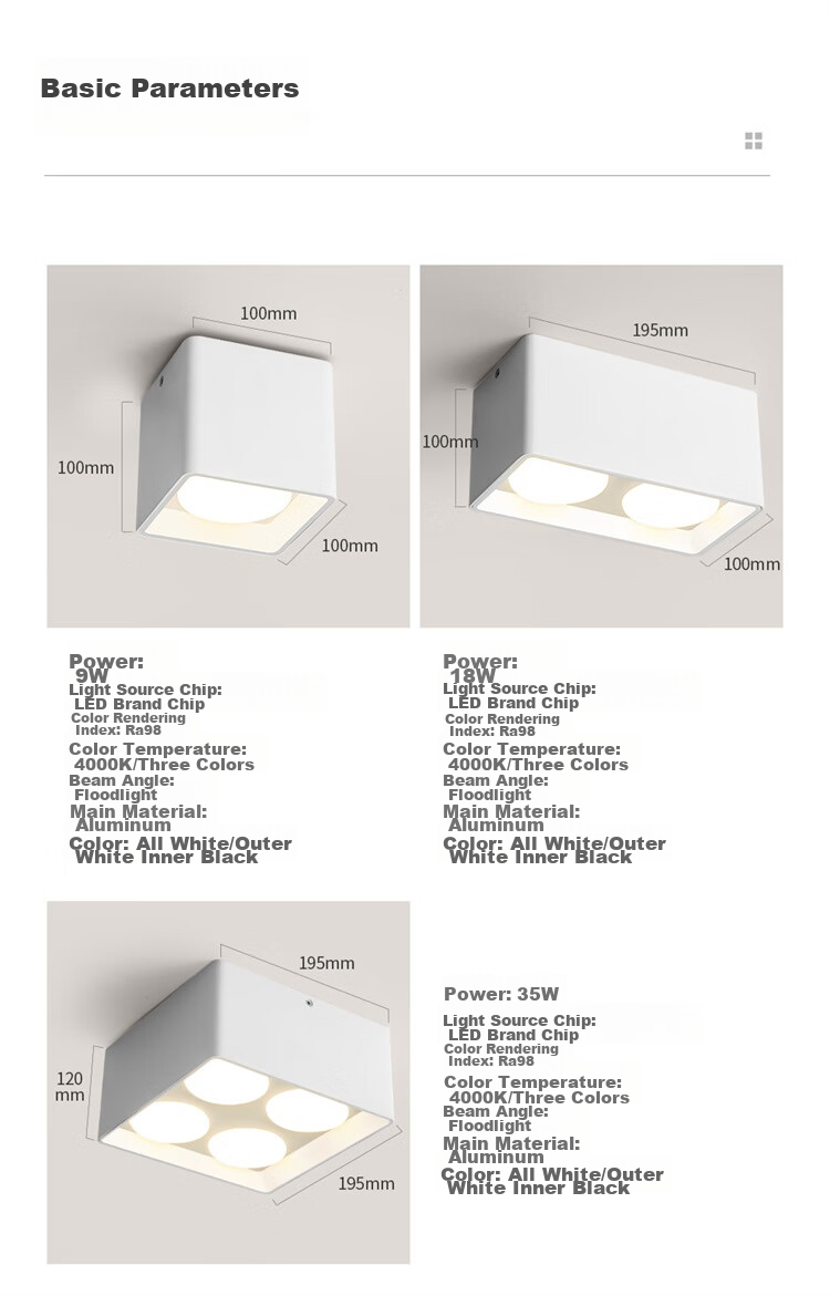 NVC LED Premium Spotlight, Square Surface-Mounted Downlight, Ultra-Thin Grid Light, Four-Head Anti-Glare, 40 Watts, Black Cup, Warm White 15