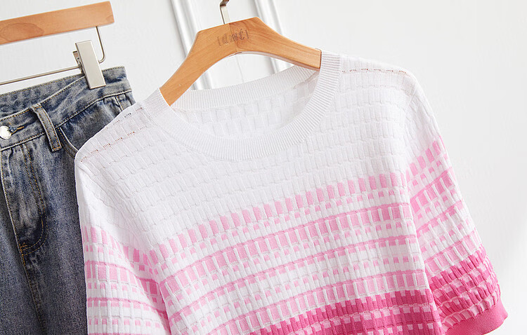 Dme [Bingchuan Meiros] Spring And Summer Double-Curved Ice Linen Sweater, Round Neck, Contrasting Color Jacquard, Petite Knit Top for Wome 6