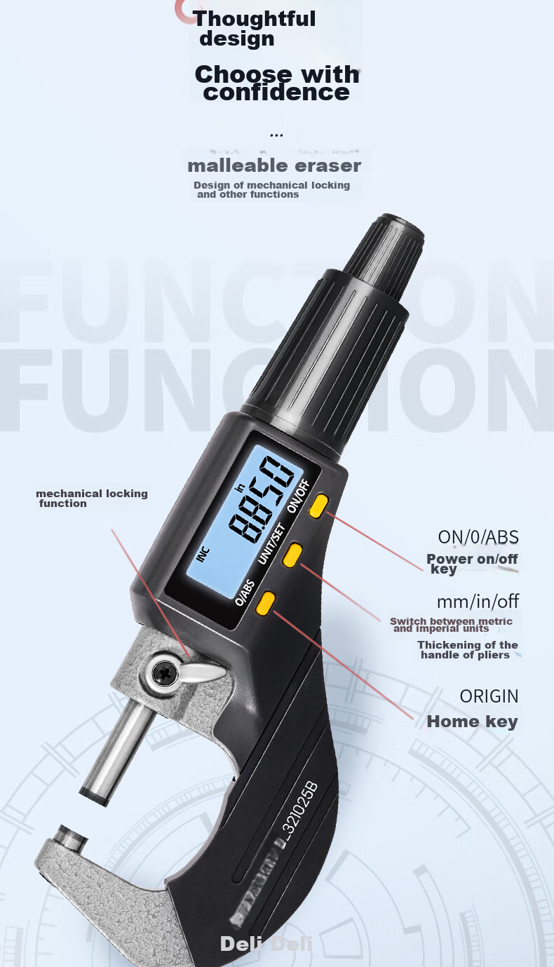 Deli Digital Micrometer with External Diameter Gauge, 0.001mm High-Precision Thickness Gauge, Vernier Caliper 9