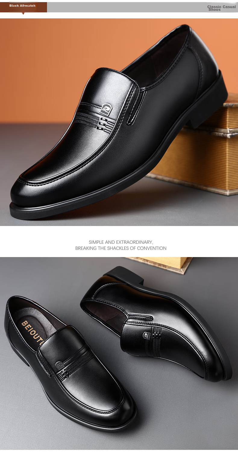 BEIOUTU Men's Shoes, Business Casual Shoes, Round Toe Slip-On, British Style Soft Leather Dress Shoes, Formal Leather Shoes, 1716 Black, Size 44 9