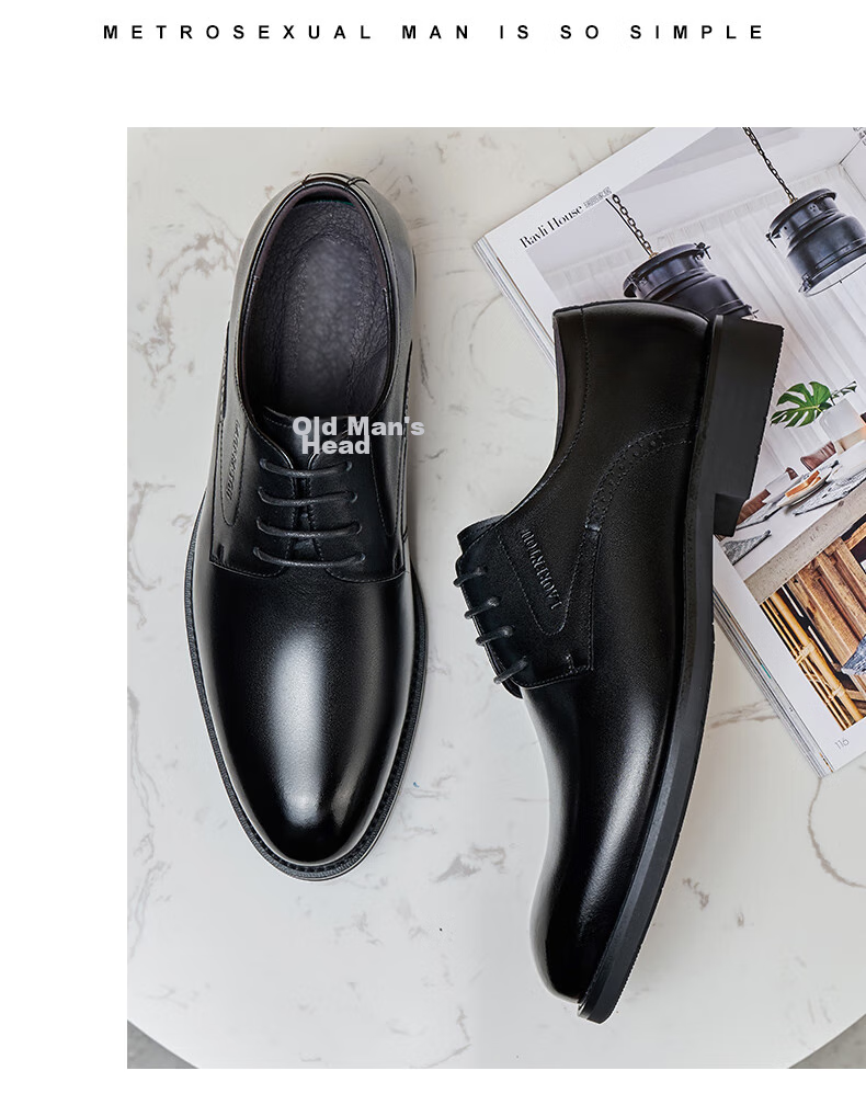 LAORENTOU Men's Leather Shoes, Business Formal Shoes, Top-Grain Leather, Breathable, Wear-Resistant, Non-Slip, Dad Shoes, 160208 Black, Size 38 14