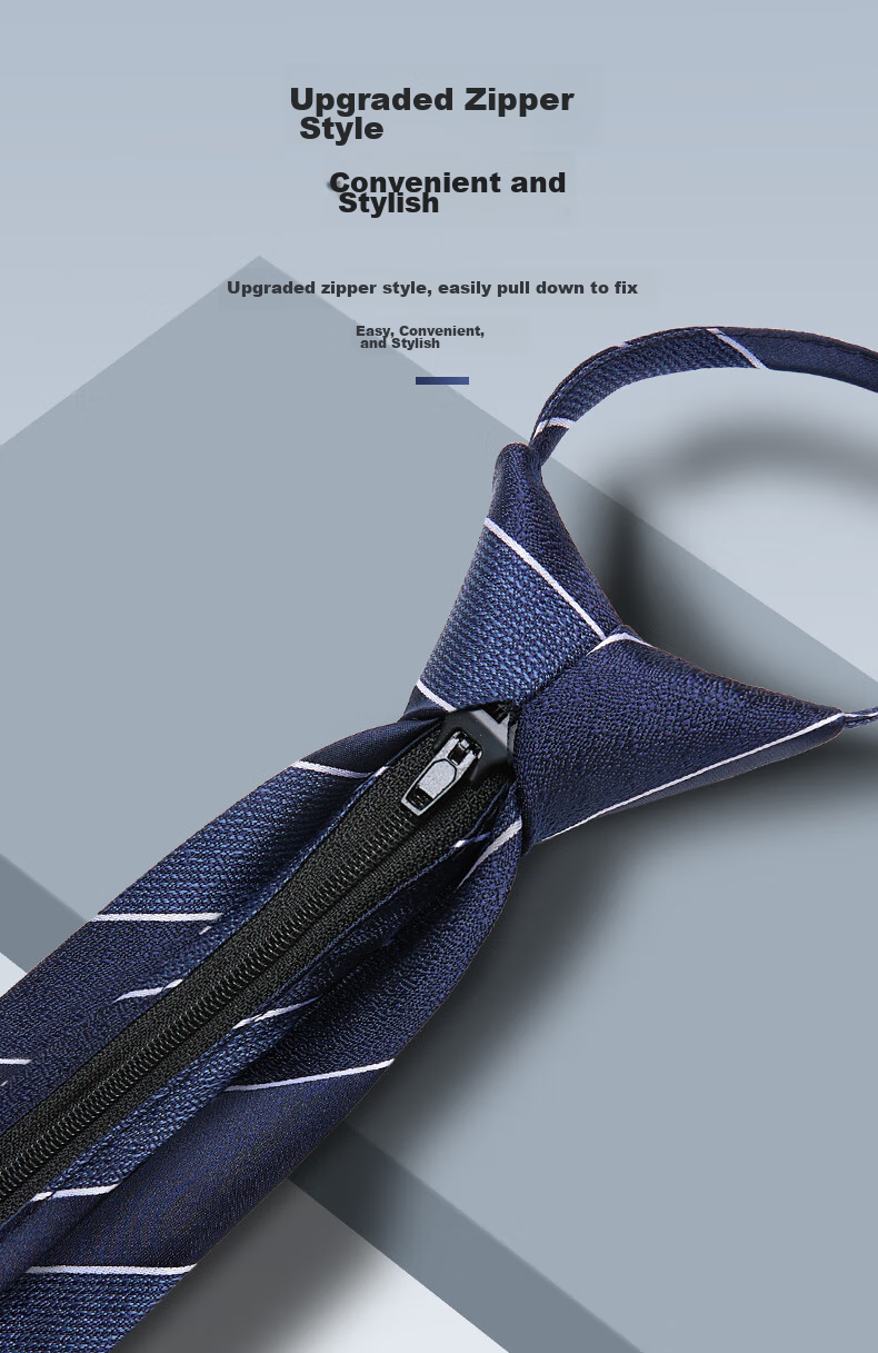 Luomeng Men's Business Necktie, 8cm No-Tie Striped Wedding Zipper Tie, Gift for Husband Or Boyfriend, Navy Blue, Gift Box Packaging 4