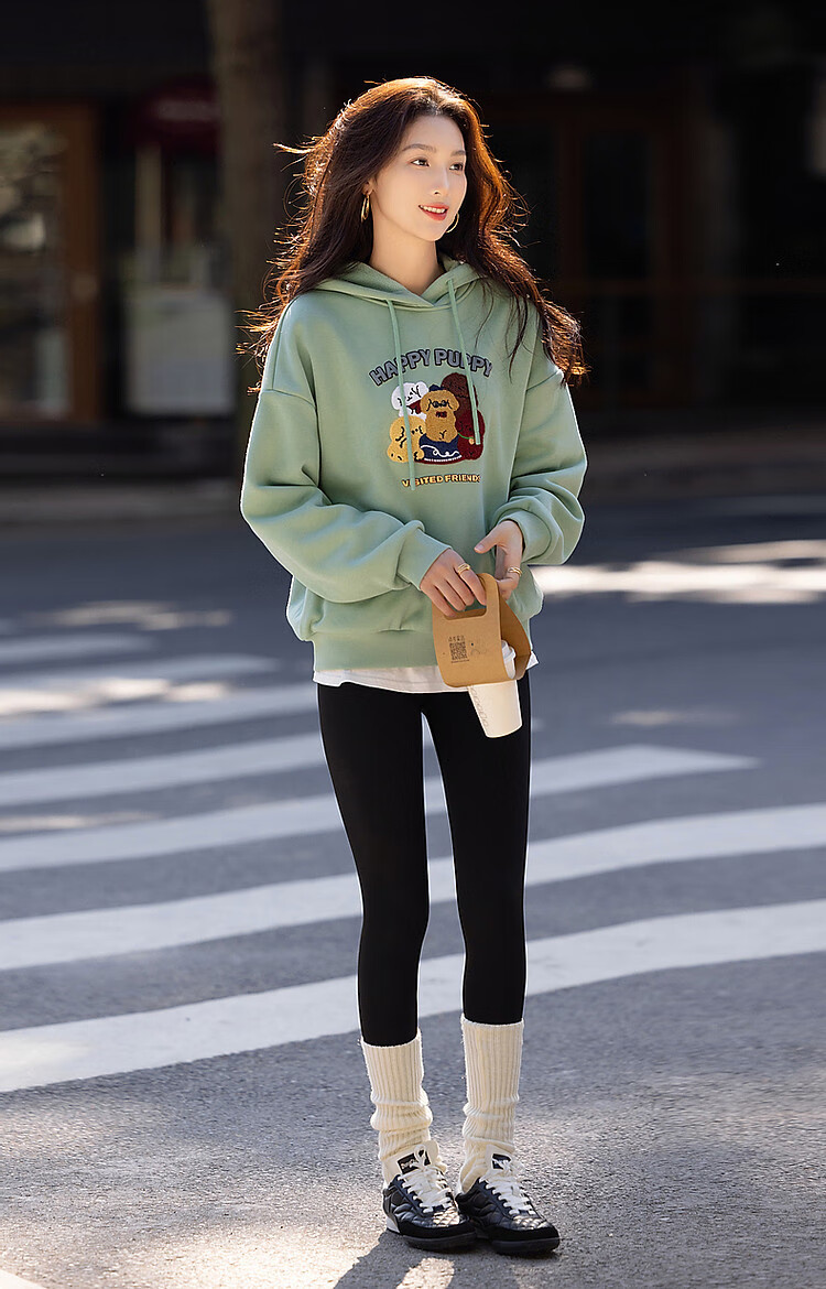 Dme Winter Casual Hooded Letter Animal Towel Embroidery Fleece-Lined Warm Sweatshirt Women's Top, Light Water Green, XL 21