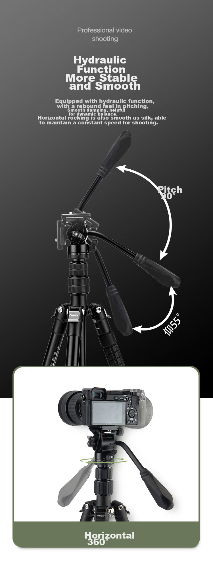 Fotopro MH-2L with Built-In Level Bowl Base, Akar Standard, Camera Mirrorless Video Shooting Hydraulic Damping Camera Gimbal, Black 6