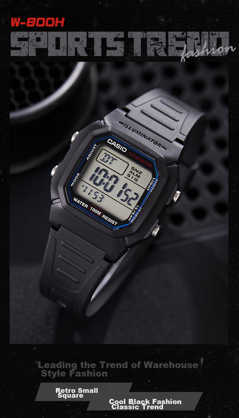 CASIO Men's Small Square Series Outdoor Waterproof Sports Student Watch Luminous Digital Watch Gift for Boyfriend W-96H-1B 2