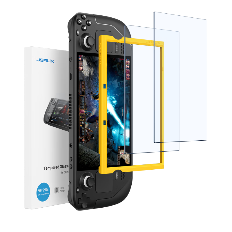 JSAUX Few Shuo Compatible with Steam Deck OLED Tempered Glass Screen Protector, High Definition, Highly Transparent, Anti-Fingerprint, Steam Deck Protective Film, 2-Pack, Handheld Game Accessory, Screen Protector Application Tool, Ultra-Thin Full Scree