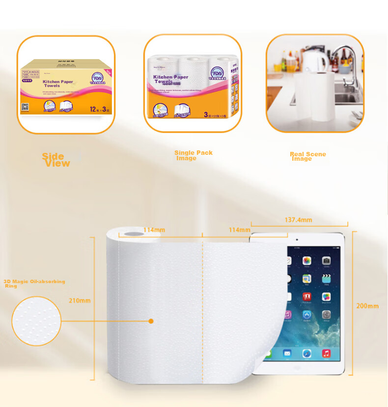 May Flower Kitchen Roll Paper, 3-Ply 120 Sheets*12 Rolls, Strong Oil-Absorbing, Food-Safe, Hand-Wiping, Bulk Pack 12