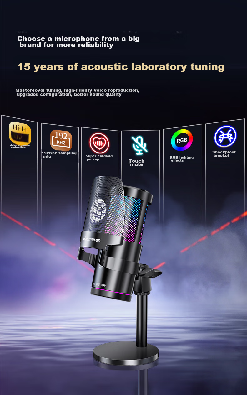 Haomuren Computer Microphone, Gaming And E-Sports Dedicated, Noise-Cancelling Condenser, Karaoke Recording, Professional Sound Card, Live Streaming Host Equipment, Microphone for Desktop, Suspended Arm Stand, Desktop And Mobile USB Wired 2