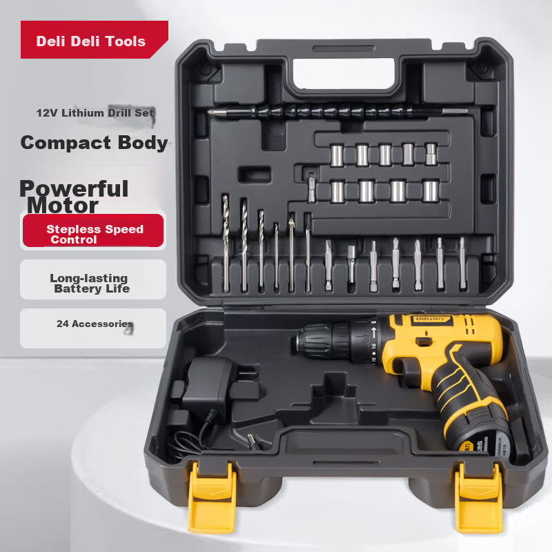 Deli 12V Electric Drill, Cordless Screwdriver, Lithium Battery Drill, Multi-Functional Household Rechargeable Driver Machine, Power Tool Set