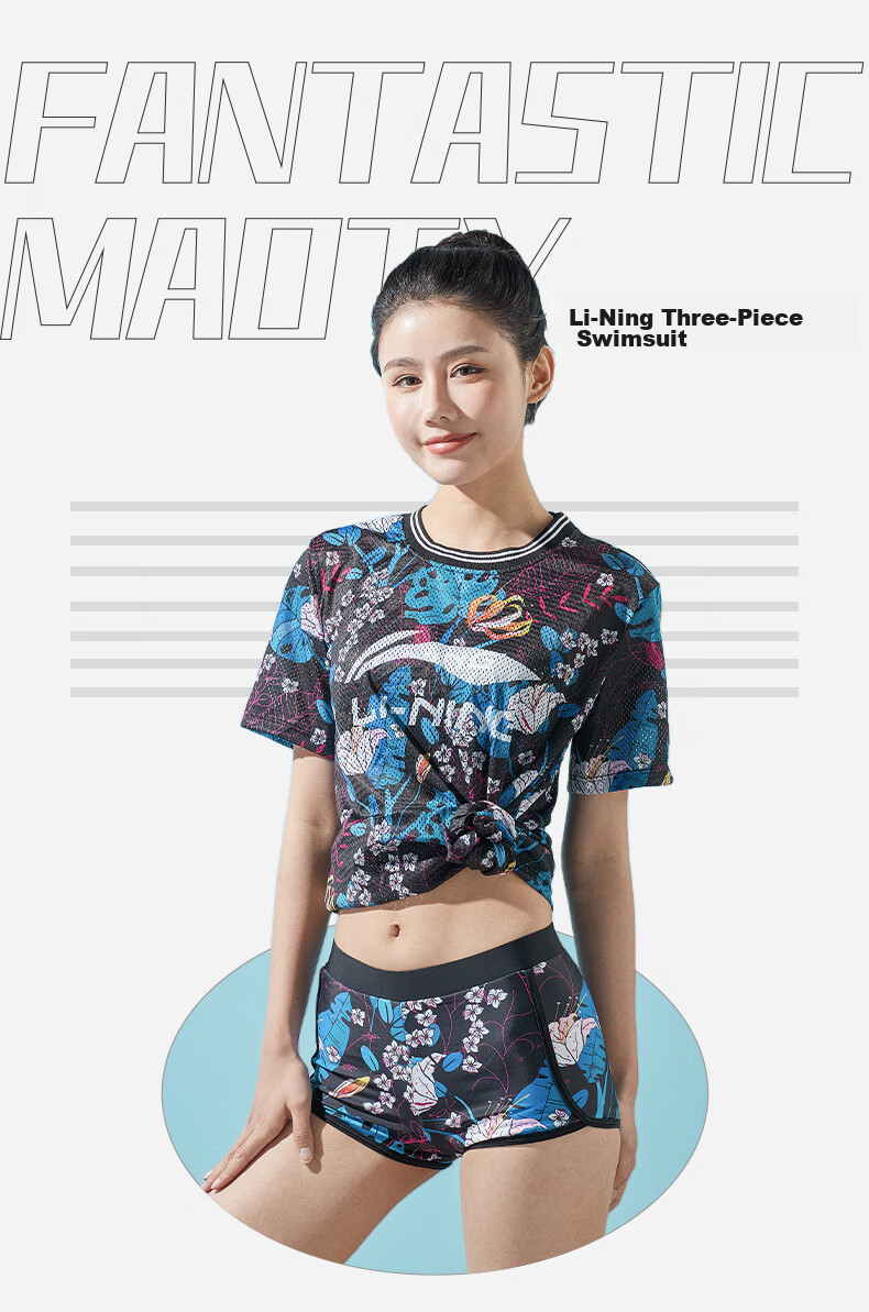Li-Ning Women's Three-Piece Swimsuit Set, Beach Vacation Sun Protection Cover-Up, Tummy Control Slimming Swimwear for Hot Springs, 727 Black And Blue, Size M 2