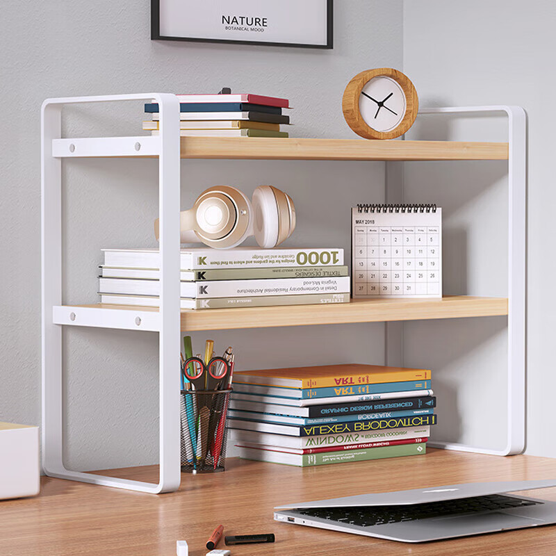 Anerya Desktop Bookshelf, Multi-Layer Iron Art Storage Rack for Books, Double-Layer Nordic Maple Wood - White Frame 40cm Long