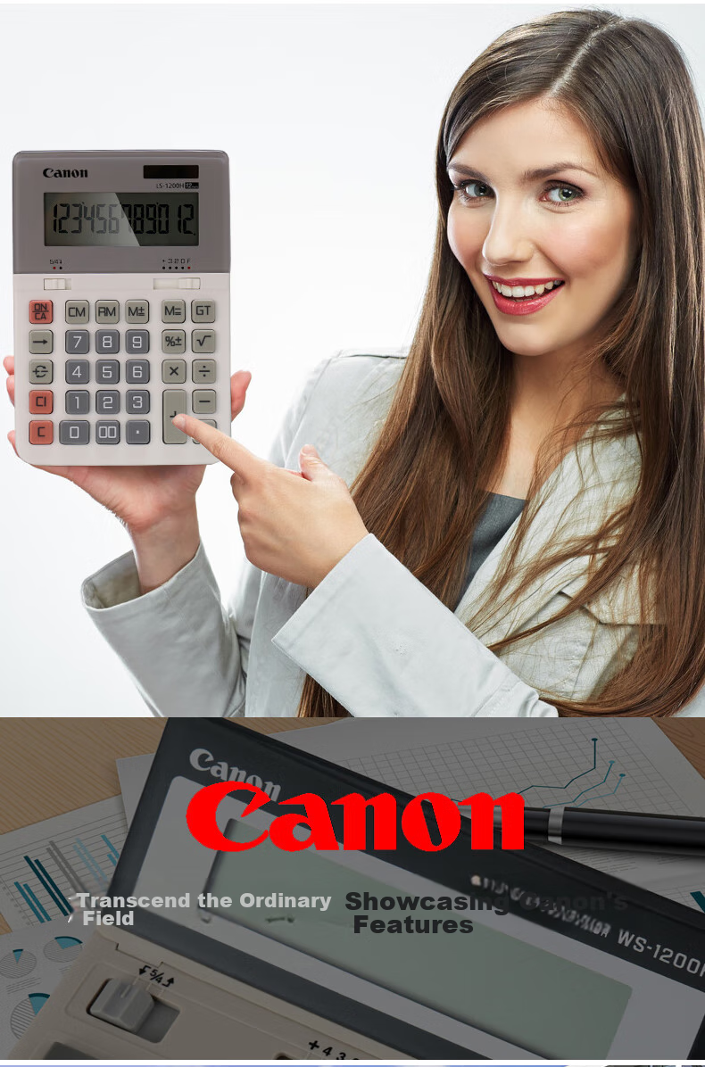 Canon WS-1200H, 12-Digit Large Business Office Calculator, Dual Power Supply, Wide Screen, Desktop Classic Calculator 14