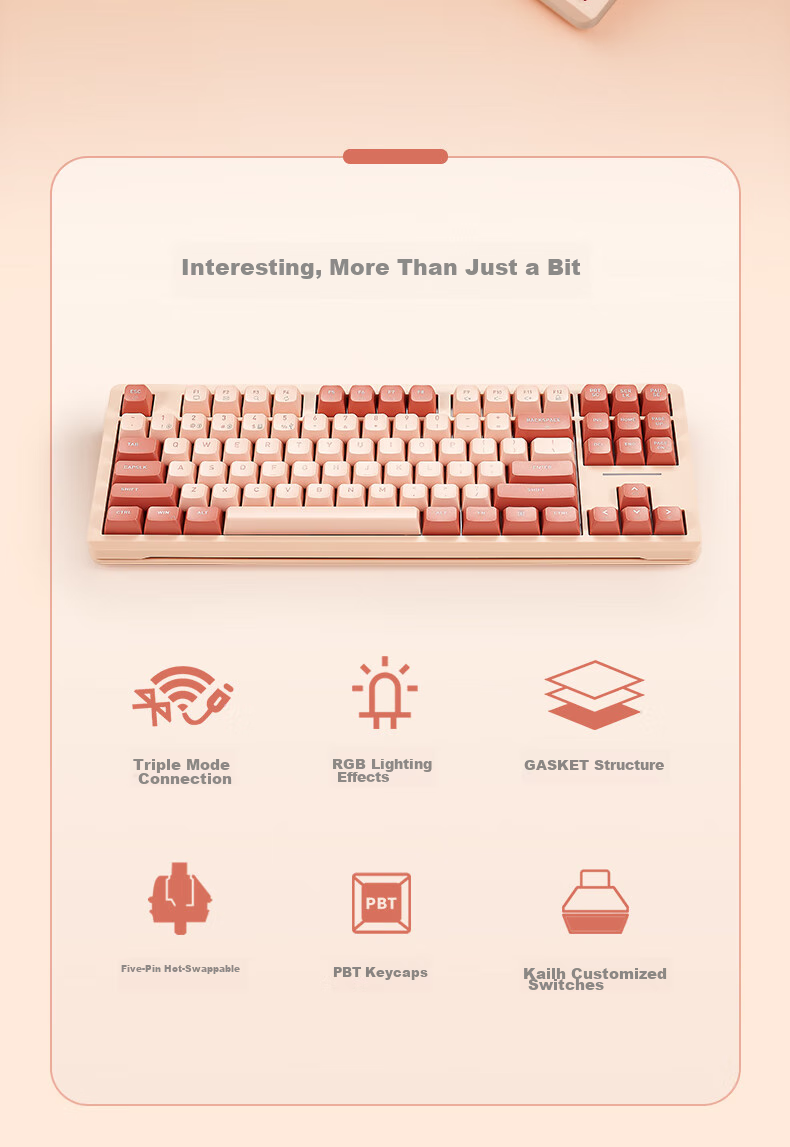 Hyeku Q3 87-Key Tri-Mode Wireless Bluetooth Customizable Mechanical Keyboard Full Hot-Swappable Gasket Structure Keyboard for Gaming And Office Use Peach Velvet Color Kailh Meme Switch 2