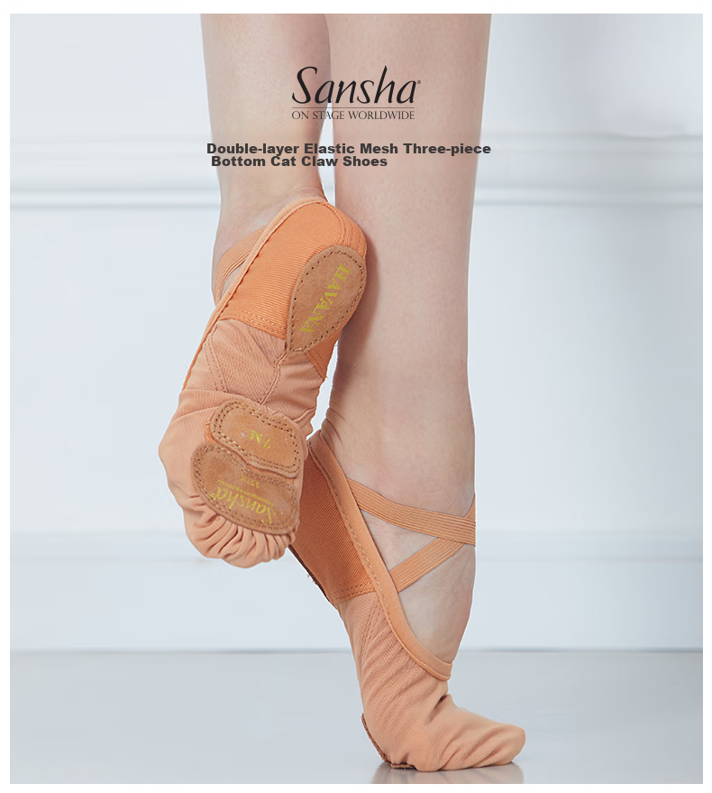 Sansha Adult Ballet Practice Shoes, Elastic Mesh with Leather Sole, Cat Paw Shoes, Dance Soft Shoes, Breathable, 357X Meat Size 40 1