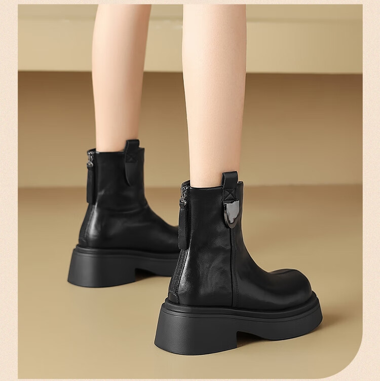 ZHR Women's Winter Vintage British Style Martin Boots with Fleece, Chunky Heel, Thick Sole Short Boots KN02A Black Size 38 3