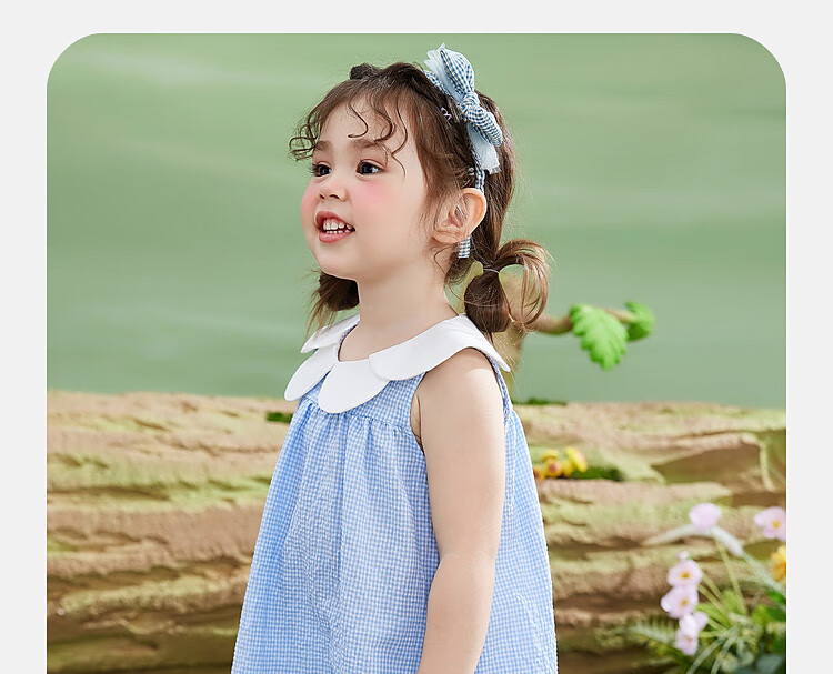ASK JUNIOR Girls' Sleeveless Dress Summer Thin Petal Collar Plaid Casual Dress Blue Size 90 18