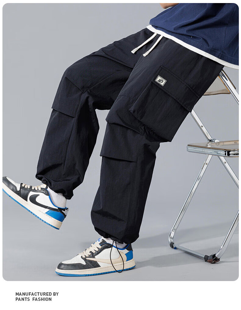 Dingfengbaoluo American-Style Cargo Casual Pants for Men, Spring And Summer Trendy Versatile Loose Paratrooper Tactical Trousers, DDF32 Black M 16