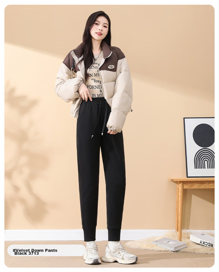 Xiongmaoxiangban Women's down Casual Pants, 2024 Autumn And Winter New Style, Fleece-Lined Thick Cotton Pants, Sports Warm Trousers, High-Waist Tapered Sweatpants 15