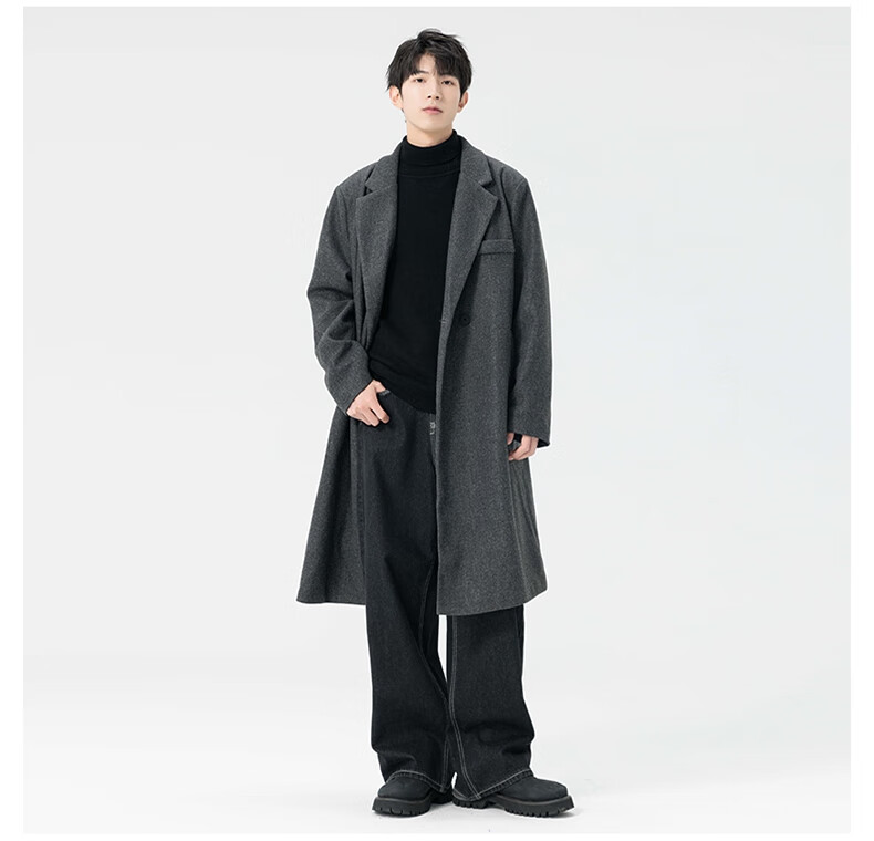 Dingfengbaoluo Men's Woolen Coat Autumn Winter Mid-Length Korean Style High-Quality Loose Over-the-Knee Wool Trench Coat HT88 Black 5XL 4