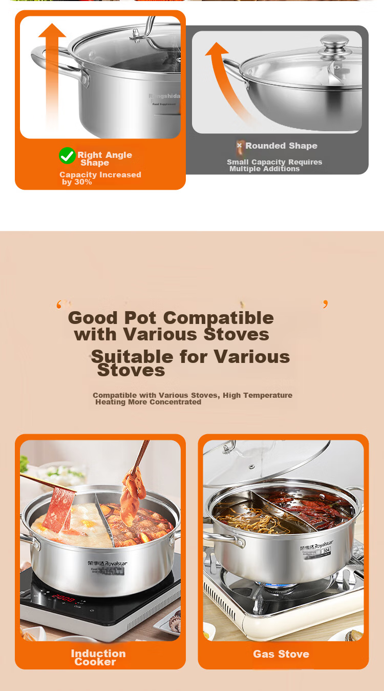 Royalstar Hot Pot, 304 Stainless Steel Soup Pot for Gas And Induction Stoves, Universal Clear Soup Basin, 30cm 13