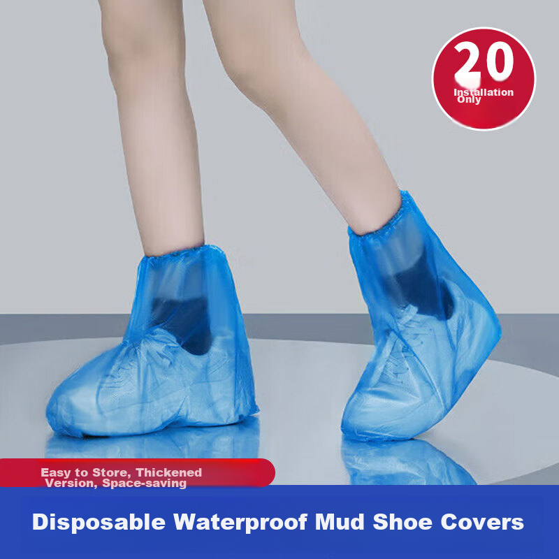 BWNK Disposable Rain Shoe Covers, 20-Pack, Thick Waterproof Non-Slip Mid-Calf Plastic Overshoes for Men And Wome