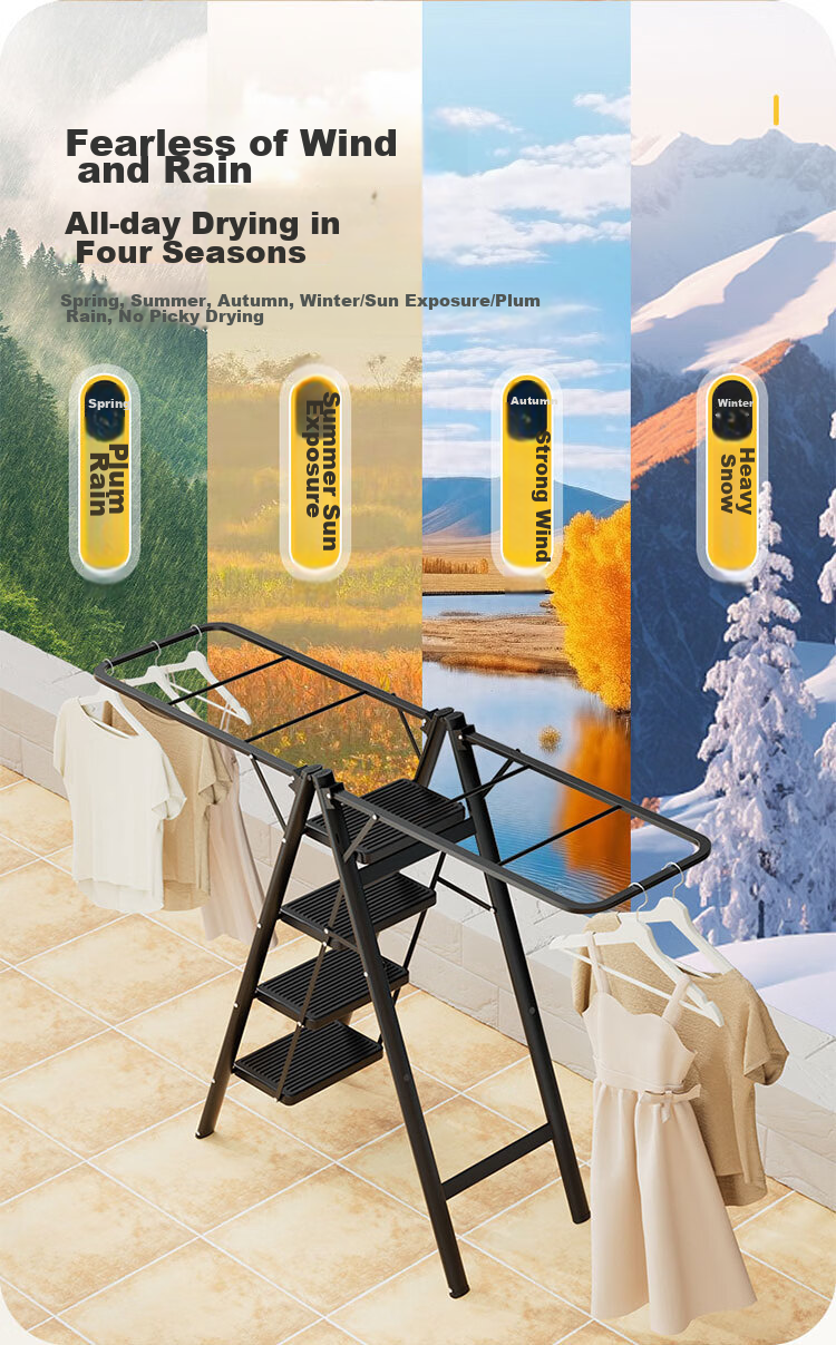 DU PONT Ladder, Household Clothes Drying Rack, Dual-Purpose Multifunctional Folding A-Frame Ladder, Widened Clothesline, No Installation Required [Yao Black], 5 Steps 16