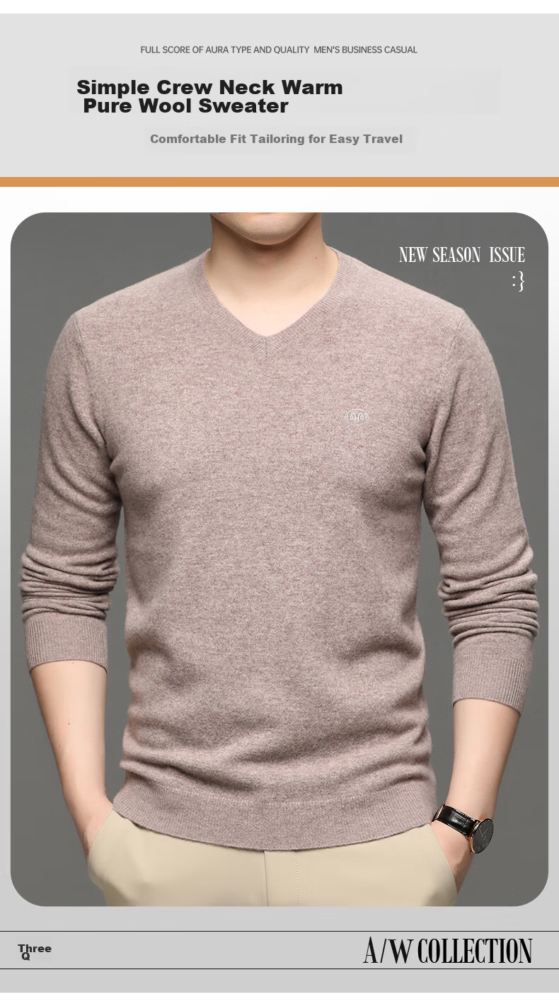 Hengyuanxiang Men's Thick 100% Pure Wool Sweater, Autumn And Winter Solid Color Casual Base Layer Knit Pullover for Young And Middle-Aged Me 1