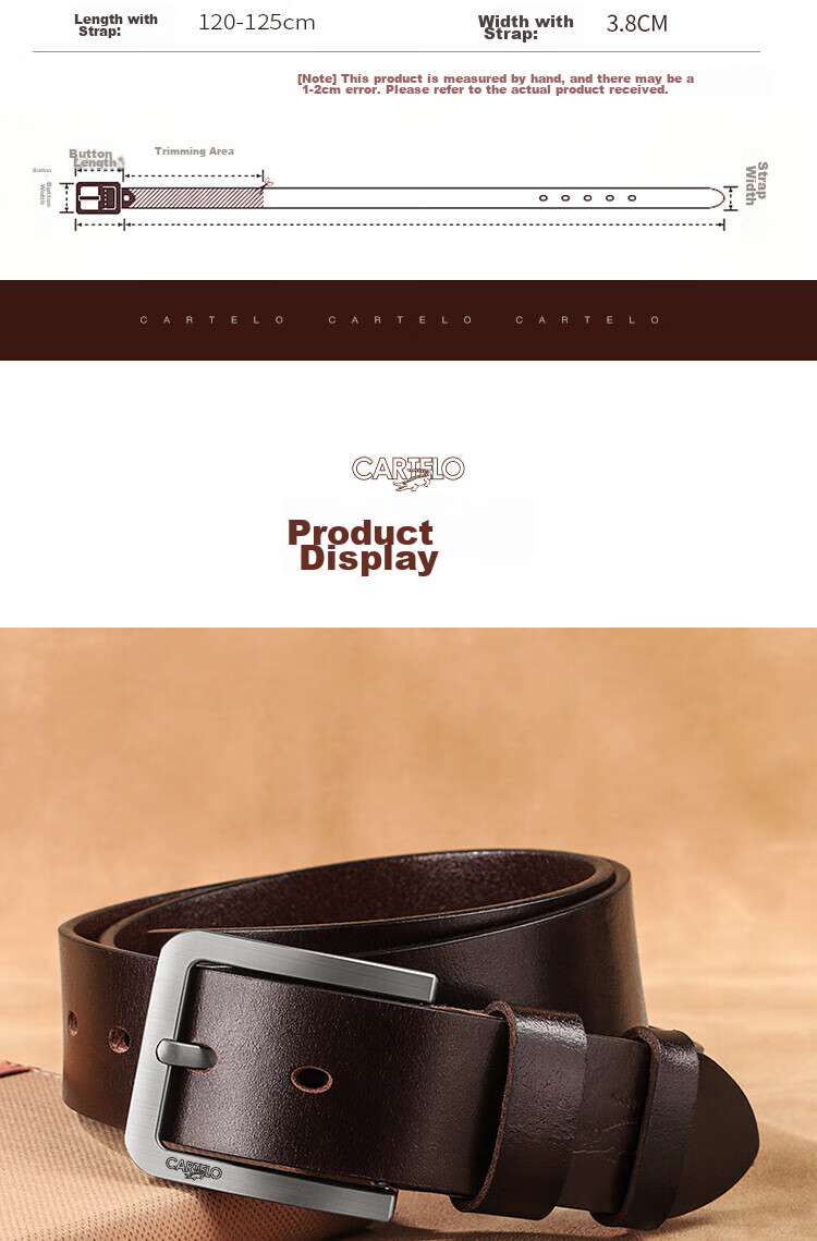 CARTELO Men's Leather Belt, Fashionable Vintage Top-Grain Cowhide Pin Buckle Waistband, Business Trouser Belt, Gift for Boyfriend 7