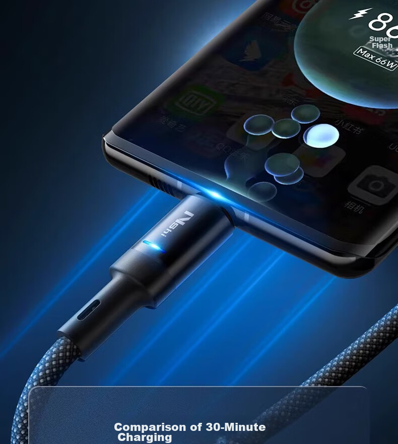 Nengshi Type-C Data Cable, 100W Charging Cord, Super Fast Charging with Auto Power-Off, Suitable for Huawei, OPPO, Honor Nova, Xiaomi, Vivo Phones, 66W Flash Charging Cable, 1 Meter, Transparent Black 9